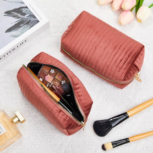 6 Pieces Plush Velvet Cosmetic Bags with Gold Zipper Terry Quilted Makeup Bag Coquette Toiletry Organizer Bridesmaid Proposal Gifts for Wedding Bachelorette Party(Pink)