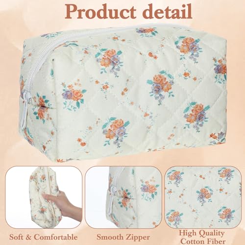 10 Pcs Cotton Floral Quilted Makeup Bags, Aesthetic Cosmetic Bags Portable Floral Makeup Pouch with Zipper Make Up Organizer for Women Travel Gifts