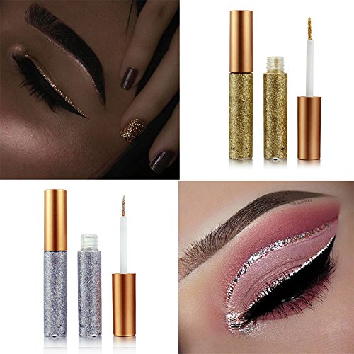 Liquid Glitter Eyeliner 3 Color Metallic Glitter Sparkling Eyeliner Face Eye Cosmetic Glow Shimmer Makeup Glitter Eye Shadow Long Lasting Sparkling Eye Shadow Gold Brown,Silver and Pink