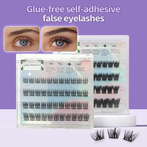 Press On Lashes Self Adhesive Lash Extensions Glue Free False Eyelashes 10-16mm Natural Look Individual Clusters, No Glue Needed Reusable Lashes for Daily & Party(S model)
