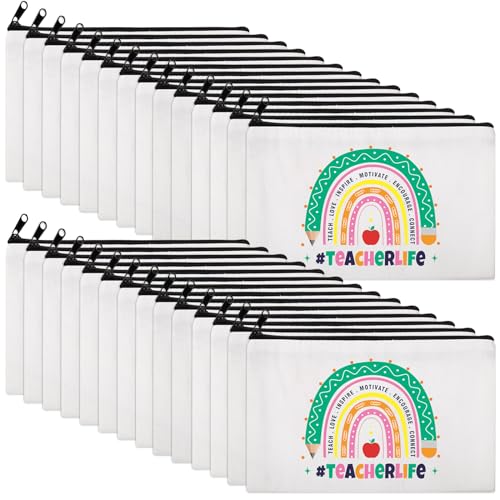 Saintrygo 28 Pcs Teacher Survival Kit Bags Teacher Appreciation Gifts in Bulk Rainbow Canvas Makeup Bags with Zipper Cosmetic Toiletry Bag Pouch Thank You Gifts for Women Christmas Travel Supplies