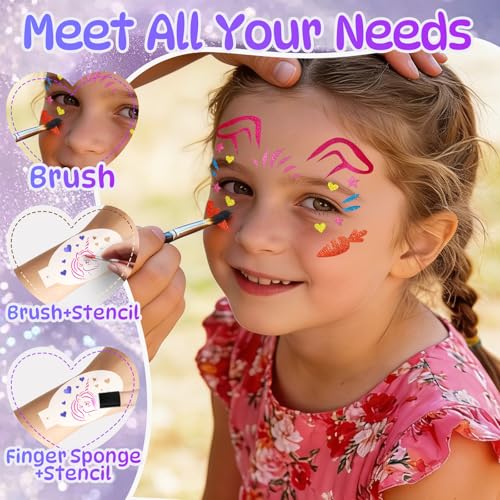 58 Pieces Face Paint Stencils and Brushes Kit, Incledes 36 Reusable Facial Painting Stencils, 6 Sheets Tattoo Stencil Stickers, 10 Brushes, 2 Pack Adhesive Gems, 4 Sponges for Party Festival Makeup