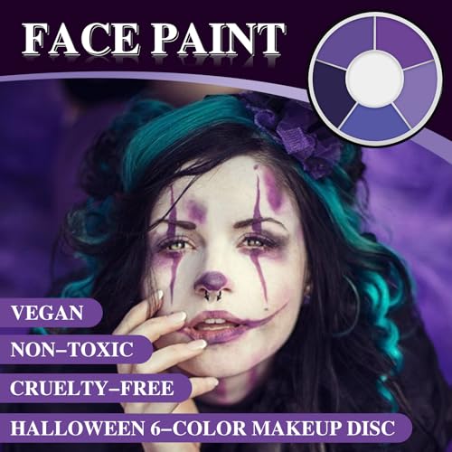 6 Color Purple Face Paint Palette, Professional Body Paint Violet Makeup, Washable Formula, Vibrant Purple Face & Body Paint for Halloween, Cosplay SFX, Dress Up Part