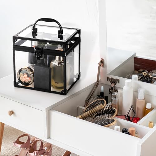 Okllen Crown Box, Clear Cosmetic Case, Acrylic Artists Display Case, Toiletry Train Case with Latches & Handle