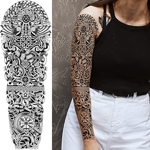 Totem Fake Tattoos Sleeve For Men Women, Full Arm Tribal Polynesian Temporary Tattoo Sleeves Adult, Large Black Hawaiian Viking Dragon Temp Tatoo Sticker Leg Body Art Makeup, 8-Sheet