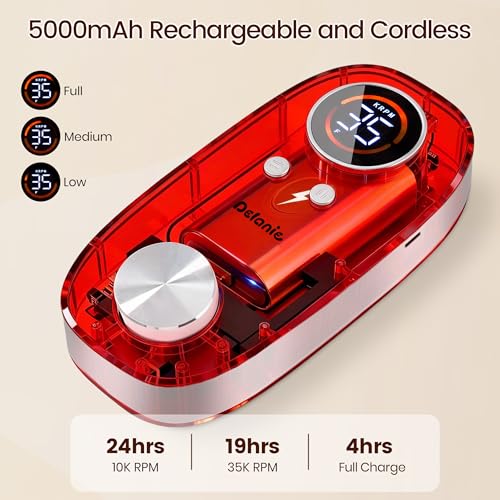 Delanie Rechargeable Nail Drill for Acrylic and Gel Nails 35000 RPM, Efile Nail Drill Professional with 5000mAh Battery, Portable Electric Nails Drill with Coreless Motor for Manicure Pedicure, Red