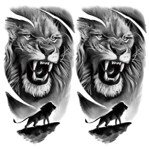2 Sheets Realistic Animal Temporary Tattoos Stickers Roar Lion Designs For Men Waterproof Arm Leg Fake Body Art, Gym & Parties Bold Masculine Decals