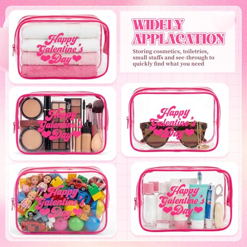 Rtteri 12 Pcs Galentine's Day Gift Bags Hot Pink Clear Makeup Bag with Frame Happy Galentine's Day Makeup Cosmetic Bag Toiletry Storage Purse Bulk for Friends Valentine Party Favors
