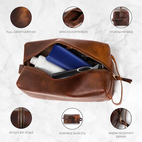 Premium Leather Toiletry Bag For Men - Travel Bag, Shaving Kit Bag & Toiletry Organizer - Full Grain Leather (Double Zip, Antique)