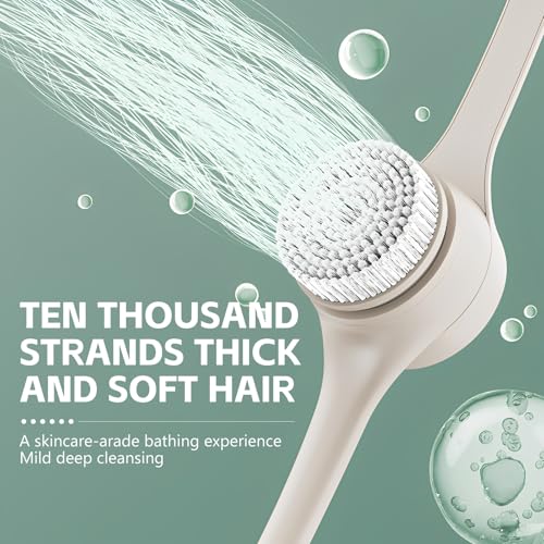 Electric Back Scrubber for Shower - IPX7 Waterproof Rechargeable Dual Handle Power Exfoliating Bath Brush with 3 Heads 2 Speeds for Cleansing, Exfoliating & Massaging Skin (Beige)
