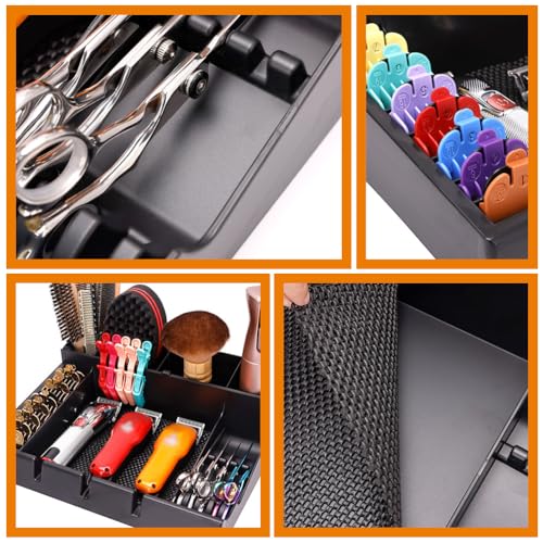 FRCOLOR Clipper Organizer for Barber with Multi-Compartment Push-Cut Storage Box and Clipper Guard Holder Salon Station Haircut Tools Keeper 15X12X4 Inches