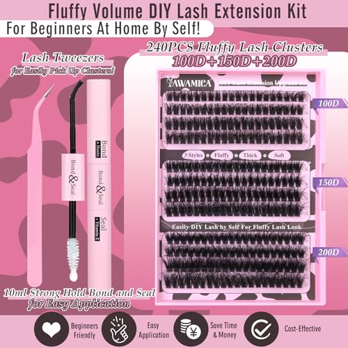 Yawamica Eyelash Extension Kit Fluffier Thick Volume Lash Extension Kit 14-20mm D Curly Mink Lash Clusters 240pcs Individual Lashes Kit with Bond and Seal and Lash Applicator DIY at Home for Beginner