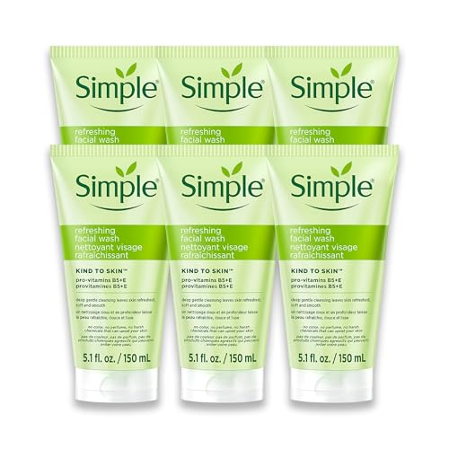 Simple Kind To Skin Refreshing Face Wash - Facial Cleanser with Vitamin B5 and E - Strengthens and Smooths Skin - Vegan, No Harsh Chemicals - 6 pc