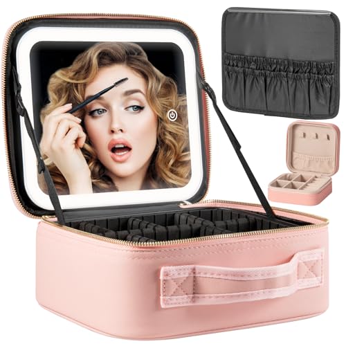 Makeup Travel Train Case with Mirror LED Light 3 Adjustable Brightness Cosmetic Bag Portable Storage Adjustable Partition Waterproof Makeup Brushes Makeup Jewelry Gift for Women