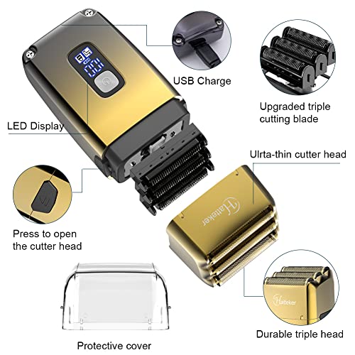Hatteker Foil Head Shaver Triple Blades Electric Shaver Razor for Men Close Bald Head Barber Trimmer Waterproof Wet & Dry, Cordless, Gold