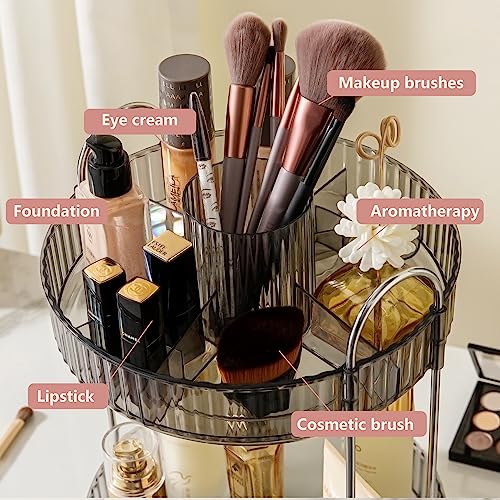 360 Rotating Makeup Organizer, Large Capacity Bathroom Organizer Countertop, 2 Tiers Make Up Organizers and Storage for Vanity, for Perfume, Skincare, Cosmetics, Lipsticks, Smoky Gray