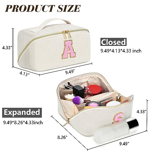 Personalized Initial Makeup Bag, Valentine's Day Gifts for Girls,Preppy Bag Cosmetic Travel Bag Women,Travel Toiletry Organizer,Large Capacity Corduroy Stuff Bag,Cute Cosmetic Pouch Skincare Bag