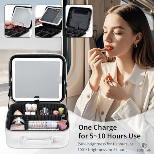 Travel Makeup Bag with LED Mirror 3 Color Modes,10.2-in White Vegan Leather Makeup Organizer Bag with Adjustable EVA Dividers and Independent Brush Panel