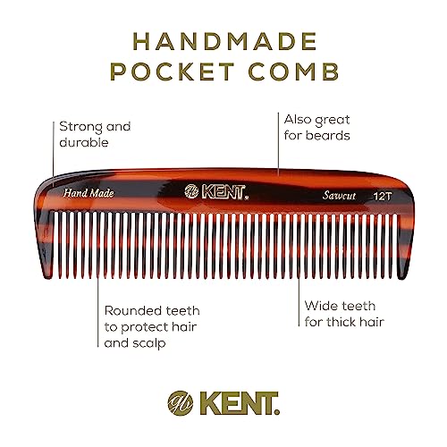 Kent 12T Wide Tooth Detangling Comb - Handmade Pocket Comb for Thick, Curly, and Wavy Hair, Large Tooth for Grooming Hair, Beard, and Mustache - Saw-Cut and Hand Polished