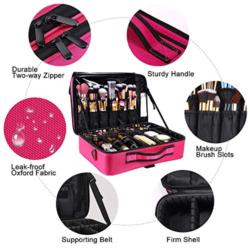 gzcz Travel Makeup Bag,Professional Cosmetic Bags for Women,Portable Makeup Brush Case Organizer Storage with Adjustable Dividers and Shoulder Strap (Medium)