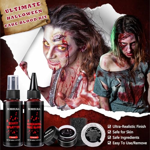 BOBISUKA 5PCS Halloween Fake Blood Kit ? Dripping Fresh Blood, Dark Spray Blood, Coagulated Gel, Cleansing Soap, Stipple Sponge ? Realistic Washable SFX Makeup for Zombie, Vampire Monster & Cosplay