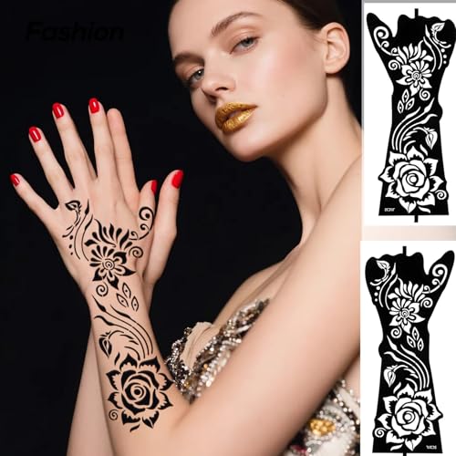 10 Sheets Henna Tattoo Stencil Kit - Temporary Tattoo Stencils for Hands and Forearm, Indian Inspired Designs - Self-Adhesive Tattoo Stickers