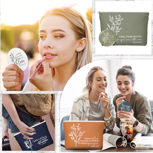 Fumete 8 Sets Christian Gift for Women Easter Mother's Day Sunday School Teacher Makeup Bag Flower Bible Verse Coffee Cup with Bamboo Lid Straw Religious Church Mini Compact Mirror (Bible-c)