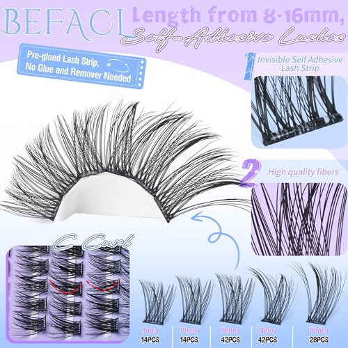 Self Adhesive Eyelashes Clusters Press on Lash Clusters Wispy Lash Extensions No Glue Needed Lashes Clusters Natural Cluster Eyelash Extensions Kit with Tweezers (8-16mm,C Curl)