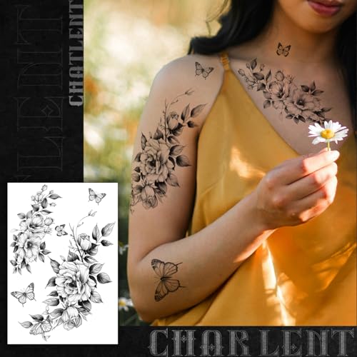 Realistic Flower Temporary Tattoos for Women - 9 Large Sheets Flower Rose Tattoos For Women Body Art Arm Chest Legs Shoulder