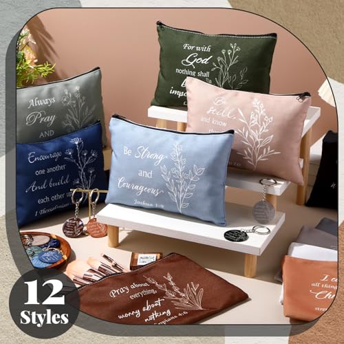 Funrous 12 Sets Religious Gifts Bulk for Women Motivational Bible Cosmetic Bags Aesthetic Inspirational Makeup Bags with Christian Quotes Keychains for Church Women Friends Appreciation Gifts Supplies
