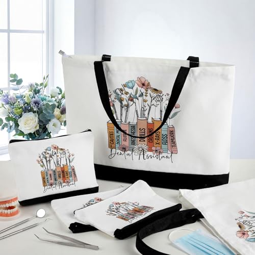 Hillban 5 Sets/10 Sets Dental Assistant Gifts Bulk Canvas Reusable Grocery Tote Bags Cosmetic Bags with Zipper for Women(5 Sets)