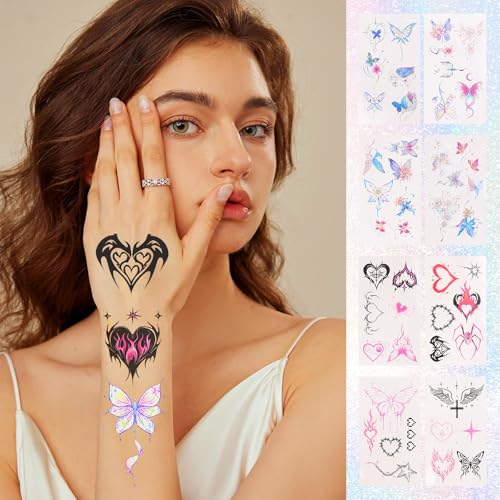 LOGJAM 20 Sheets Y2K Temporary Tattoos Stickers for Girls, Butterfly Aesthetic Cool Cyberpunk Waterproof Temporary Tattoo Decals