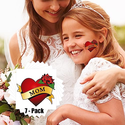 7-Sheet Mom Heart Temporary Tattoos, Fake Tattoos for Women, Girls, Men and Kids, Love Rose Mom Tattoo Stickers for Mothers Day