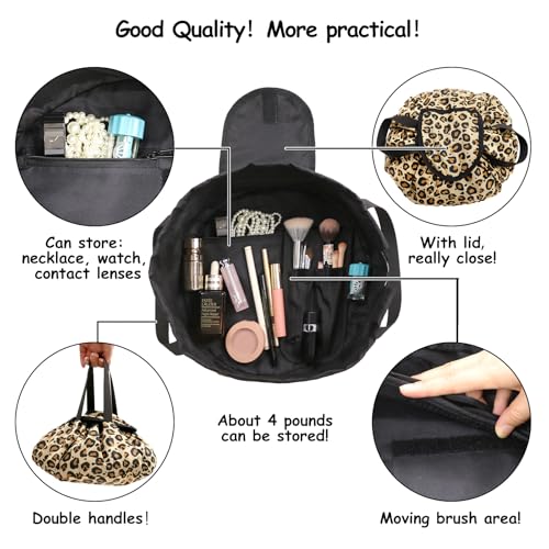 Drawstring Makeup Bag Open Flat ¡§C Barrel Drawstring Cosmetic Bag for Women Toiletry Bag for Travel with Brush Bag (Leopard)