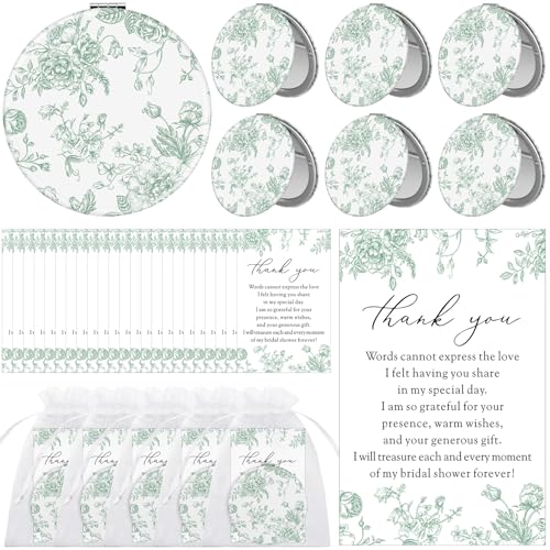 24 Sets Green Floral Bridal Shower Favors for Guest Flower Folding Leather Compact Makeup Mirror Bulk Thank You Cards with Organza Bags for Bridesmaid Souvenir Gift Wedding Party