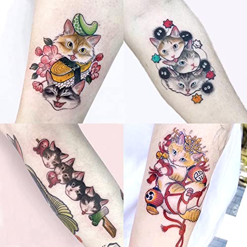 30 Sheets Hand Arm Clavicle Temporary Tattoo Stickers Cute Japanese Style Cat for Men Women Teens