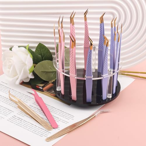 12 Holes Acrylic Tweezers Holder Rotatable and Non-slip, Durable Eyelash Makeup Grafting Tweezer Display Stand Extensions Organizer Training Rack Beauty Tools (Black)