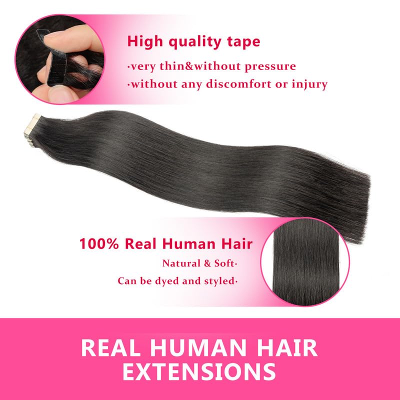ShowJarlly Hair Extensions Tape in Hair Extensions Human Hair Natural Black Straight Hair Extensions 20PCS 50 Grams Tape Ins Human Hair Extensions 24 Inch Soft Skin Weft and Invisible Hair Extensions