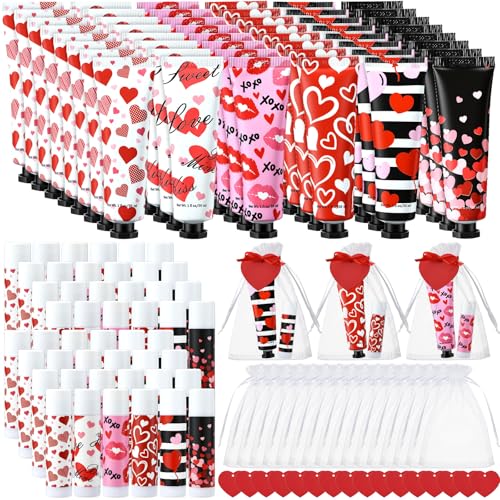 Loopeer 48 Sets Valentine Bulk Gifts Hand Cream and Lip Balm Bulk Set with Organza Bag Red Love Heart Card Galentine Gifts for Valentine Party Favors Stuffers Woman Men Teacher Staff Nurse Coworker