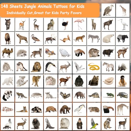 Jungle Animals Temporary Tattoos for Kids Party Supplies - 148 Individually Sheets Safari Animals Tattoos for Boys Girls Birthday Party Supplies