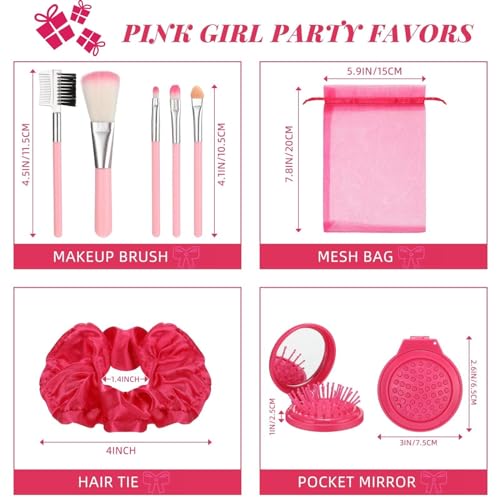 Pink Girl Party Favors Girl Makeup Party Favor Party Supplies Set Includes Pink Gauze Bags, Hair Scrunchies, Foldable Mirror Hair Brushes, Makeup Brushes Toys(48 Pcs)