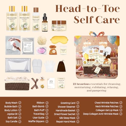 22PCS Valentines Day Spa Gift Baskets for Women, Luxury Bath and Body Gift Basket Set for Women Coconut Vanilla Spa Kit Relaxing Spa Self Care Gift for Her Wife Lover Mom Sister Friend