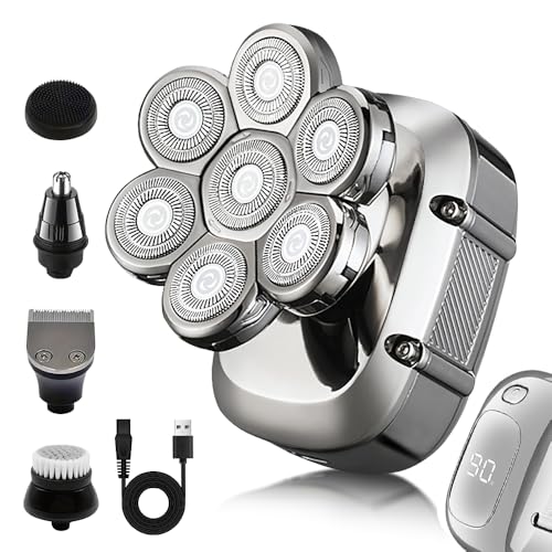 5-in-1 Electric 7D Head Shavers for Bald Men,Wet Dry Waterproof Cordless Men's Rotary Razor for Head/Face, Grooming Kit with Nose Trimmer-Hair Clippers, LED Display USB Charging Rechargeable