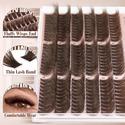 Yawamica Brown Fluffy Lash Clusters 100D Volume Wispy Eyelash Clusters 10-18mm D Curl Eyelash Extensions Individual Lashes Dark Brown Cluster Lashes DIY Brown Lash Extension by Self