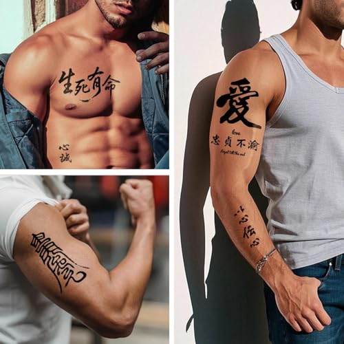 Temporary Tattoo Chinese 60+Designs Fake Tattoo of Chinese Characters,Waterproof Long-lasting Word Tattoos Temporary
