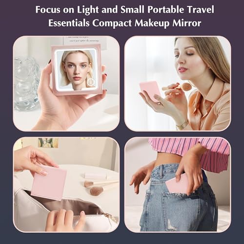 Amysmart Tri-Fold Makeup Mirror with Lights - 10X/5X Magnifying Mirror with Light, Dimmable Handheld Mirror, Compact Mirror, Rechargeable Travel Mirror for Purse & Pocket Use (Pink Tri-Fold)
