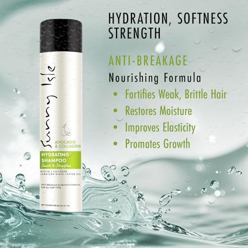 Sunny Isle Avocado & Collagen Hydrating Shampoo 10.1oz | Biotin, Jamaican Black Castor Oil Infused | Anti-Breakage Growth Formula | Smooths, Strengthens