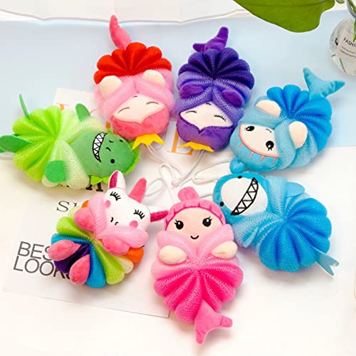 MURRI&MURRDI 4 Pack Kids Bath Sponges - Cute Animal Shower Pouf Set, Gentle Exfoliating Body Scrubber for Toddlers, Cartoon Mesh Loofah Gift for Boys & Girls