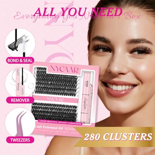 DIY Lash Extension Kit 280Pcs Individual Eyelash Extension Kit 60D80D 0.07D Curl 9-16MIX Lash Clusters Kit with Lash Glue Remover Applicator Easy to Use for Beginners