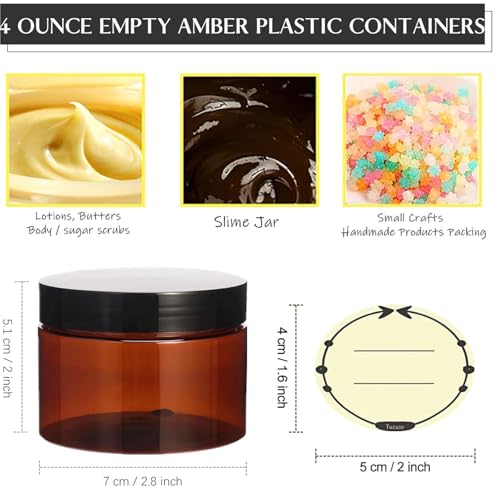 TUZAZO 4 Oz Amber Plastic Cosmetic Jars Leak Proof Small Container with lids for Cream, Lotion, Powder, Ointments, Beauty Products, 24 Pcs